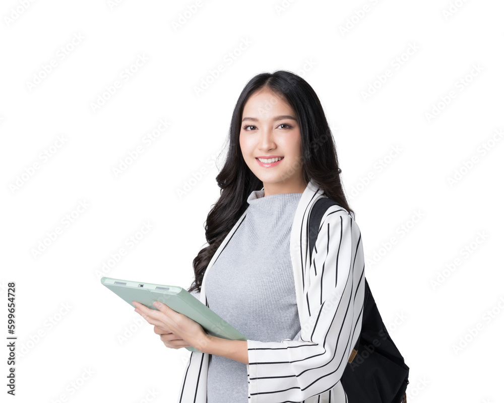 Young Asian girl college student with tablet and backpack Isolate die cut on transparent background