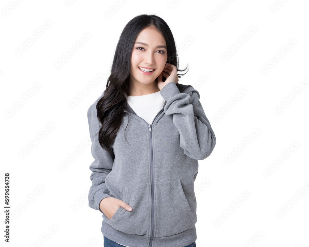 Portrait beautiful Asian woman in hoodie sweatshirt and blue jeans Isolate die cut on transparent ba