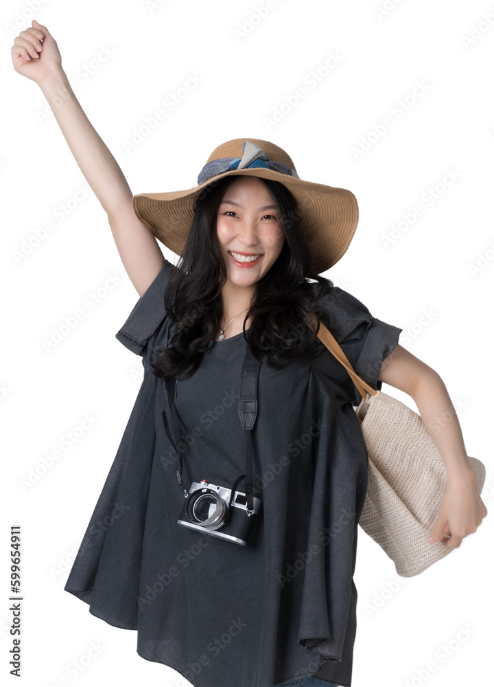 Young Asian woman Wearing a dress with a hat and sunglasses travel concept Isolate die cut on transp