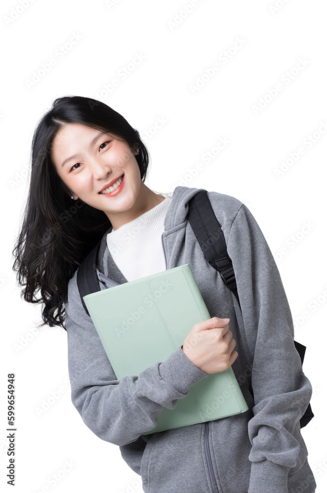 Young Asian girl college student with tablet and backpack Isolate die cut on transparent background