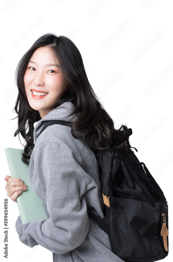 Young Asian girl college student with tablet and backpack Isolate die cut on transparent background