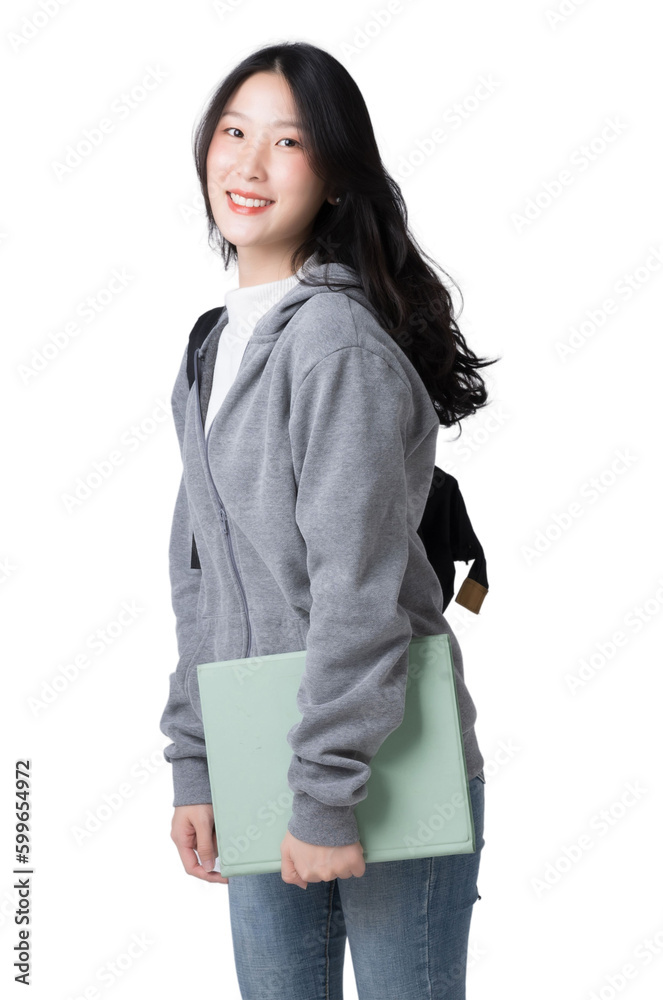 Young Asian girl college student with tablet and backpack Isolate die cut on transparent background