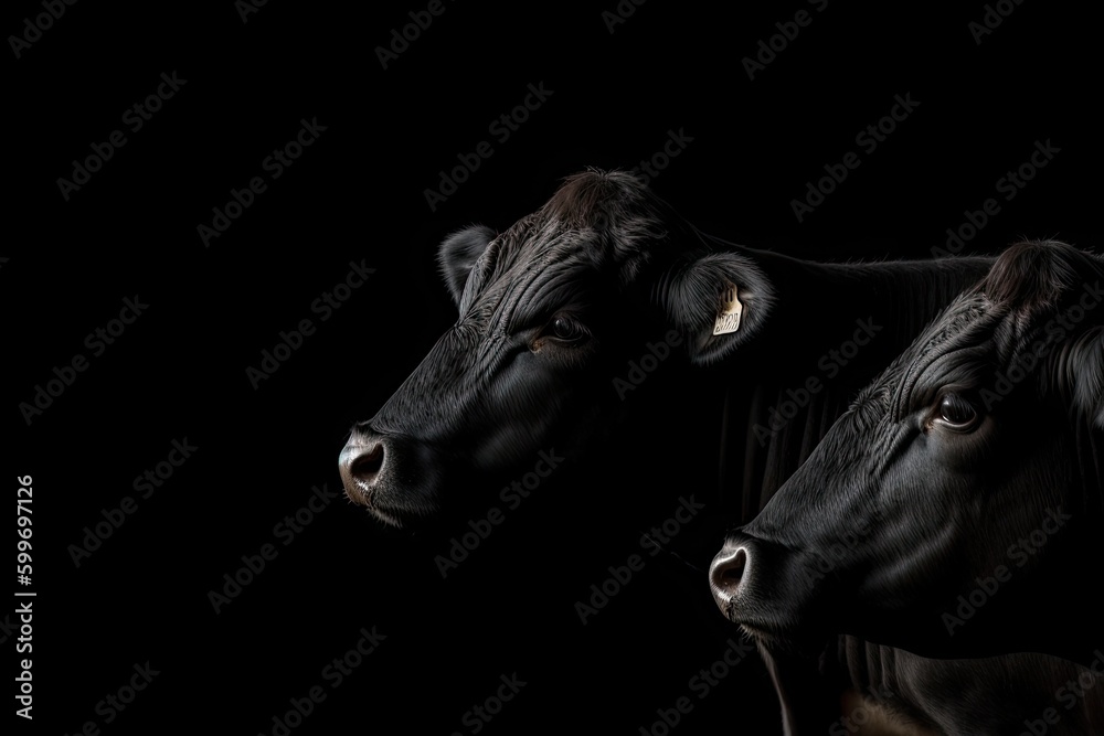 two black cows grazing in a green field Generative AI