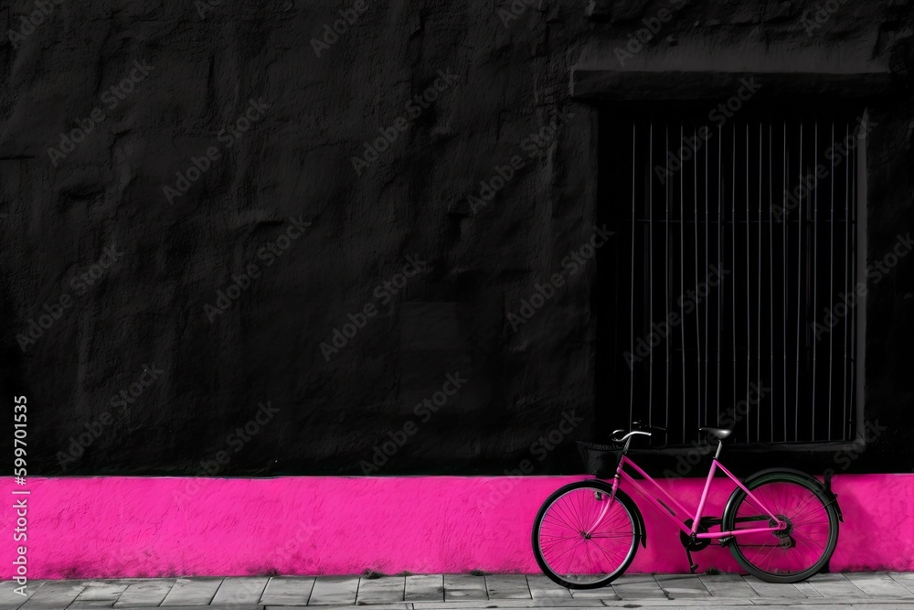 pink bicycle parked against a black wall Generative AI