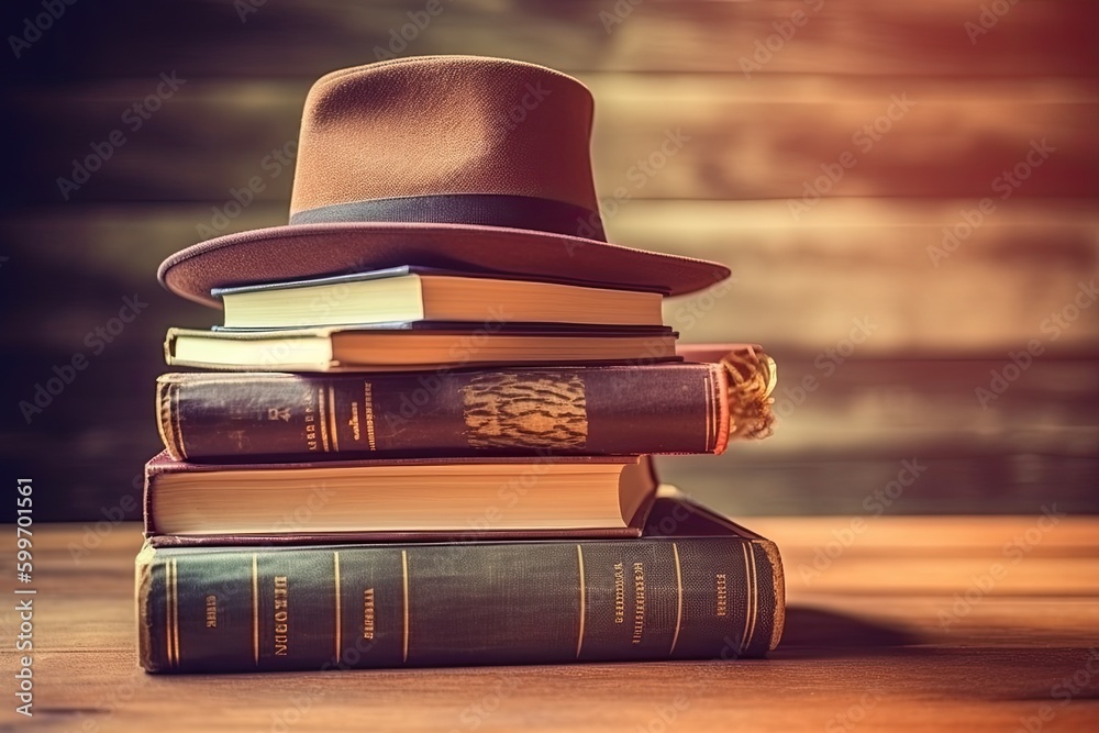 stack of books with a hat on top, symbolizing knowledge and adventure Generative AI