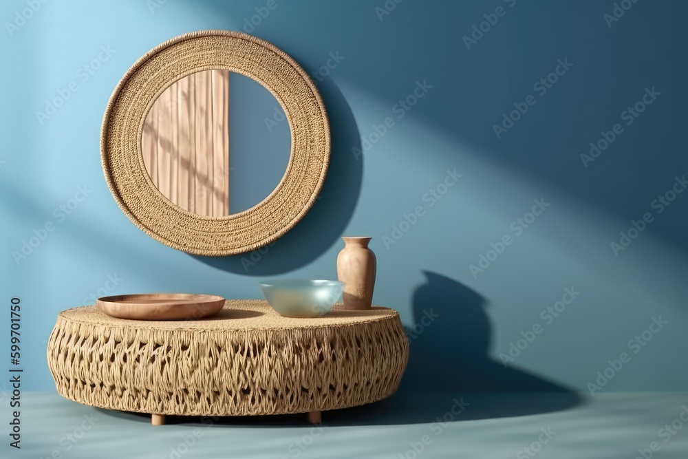 wooden table with a golden bowl and a handheld mirror on top Generative AI