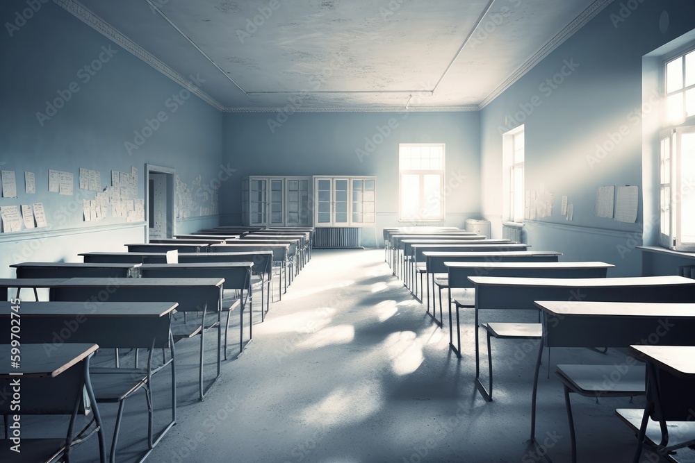 an empty classroom with neatly arranged desks and chairs Generative AI