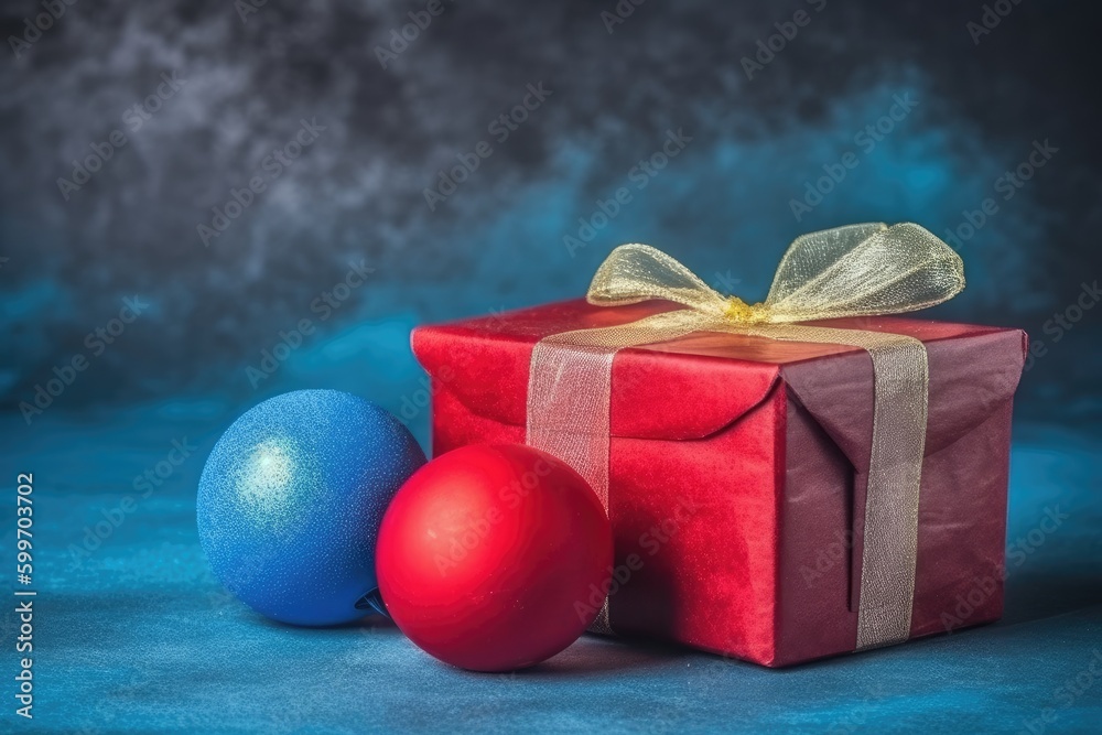 red gift box and a blue ball side by side on a white background Generative AI