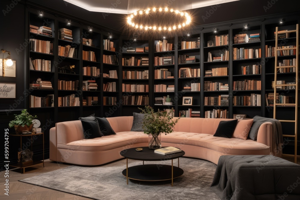 cozy living room with a bookshelf filled with books and comfortable seating Generative AI