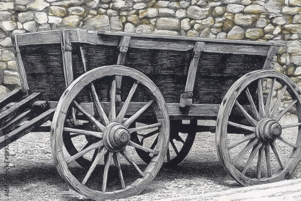 rustic wooden wagon resting against a textured stone wall Generative AI