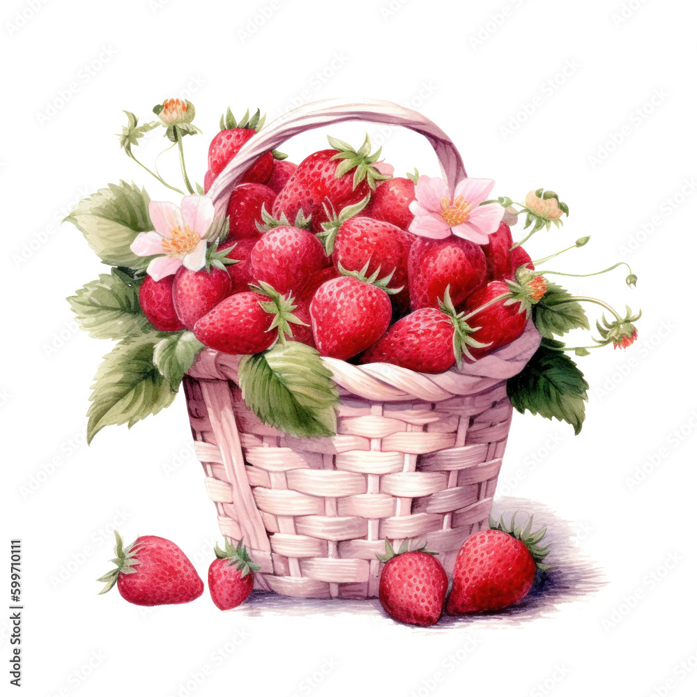 Watercolor strawberries in basket. Illustration AI Generative.