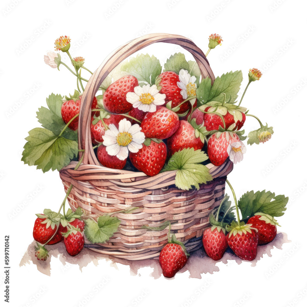 Watercolor strawberries in basket. Illustration AI Generative.