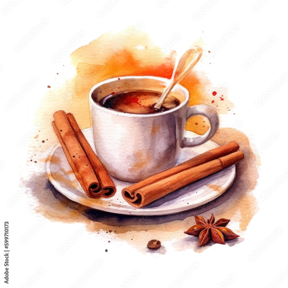 Watercolor coffee with cinnamon. Illustration AI Generative.