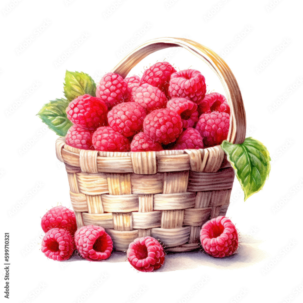 Watercolor raspberries in basket. Illustration AI Generative