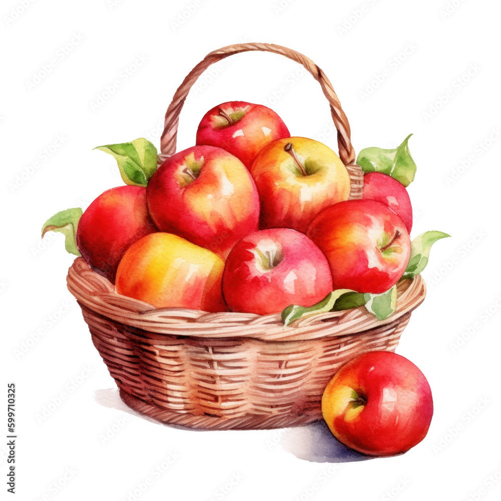 Watercolor apples in basket. Illustration AI Generative.