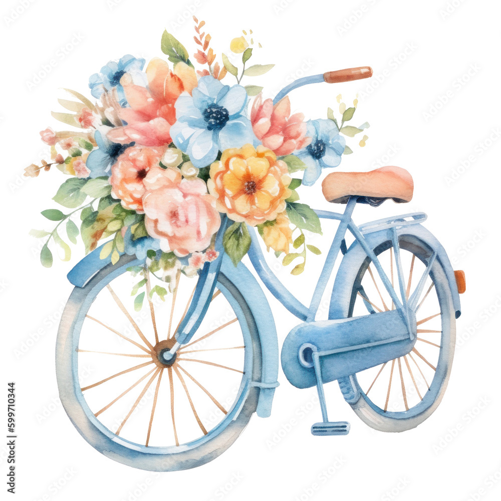 Cute watercolor bicycle with flowers. Illustration AI Generative.