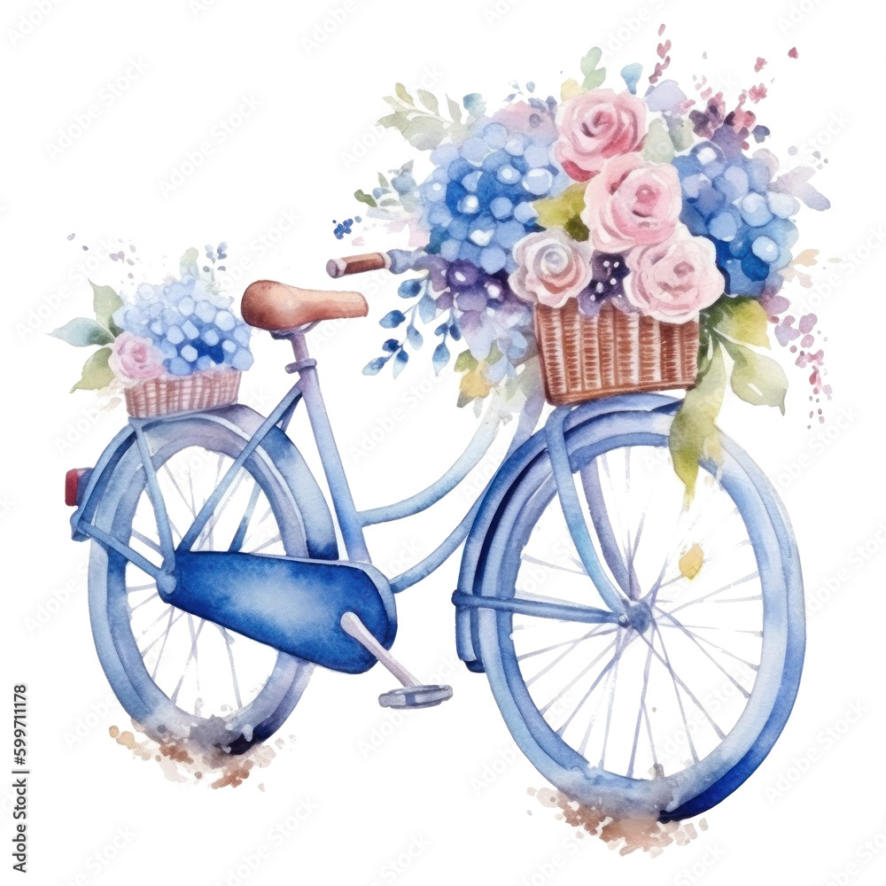 Cute watercolor bicycle with flowers. Illustration AI Generative.