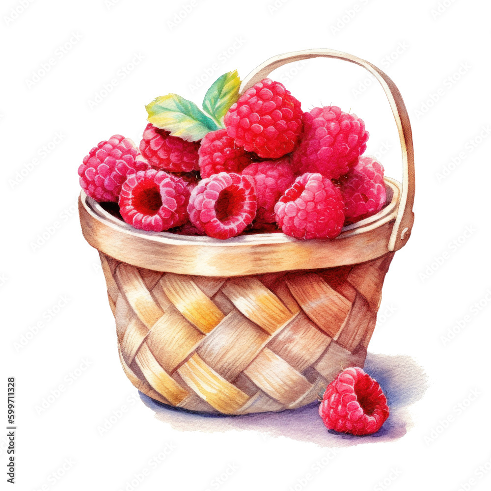 Watercolor raspberries in basket. Illustration AI Generative