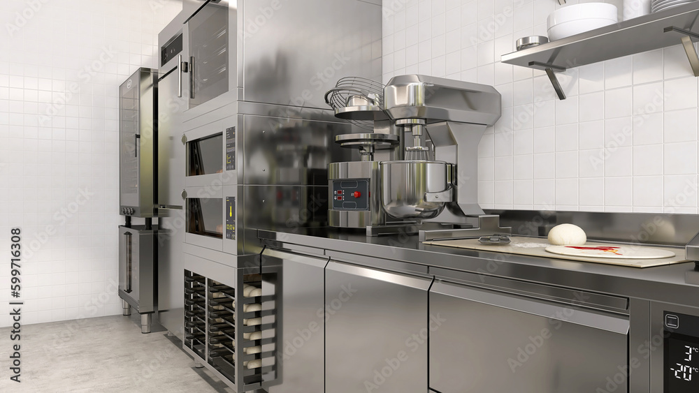 Commercial, professional bakery kitchen, stainless steel cabinet with kneading machine, pizza dough 