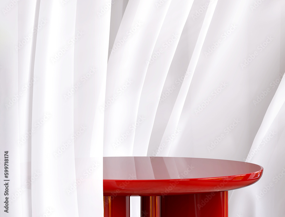 Empty modern glossy red round podium side table in soft white blowing drapery curtain drapes in sunl