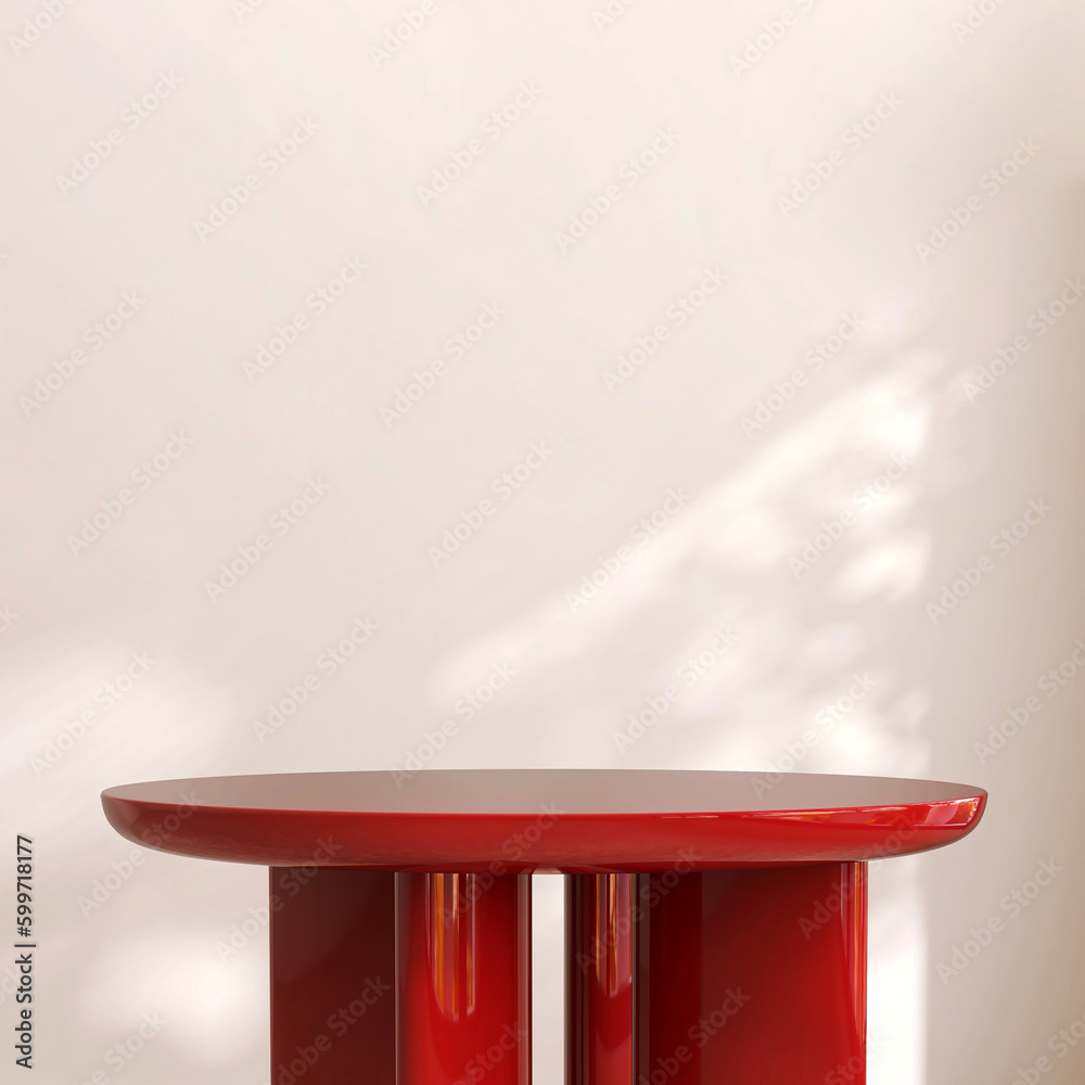 Empty modern glossy red round podium side table in dappled sunlight, leaf shadow on beige cream wall