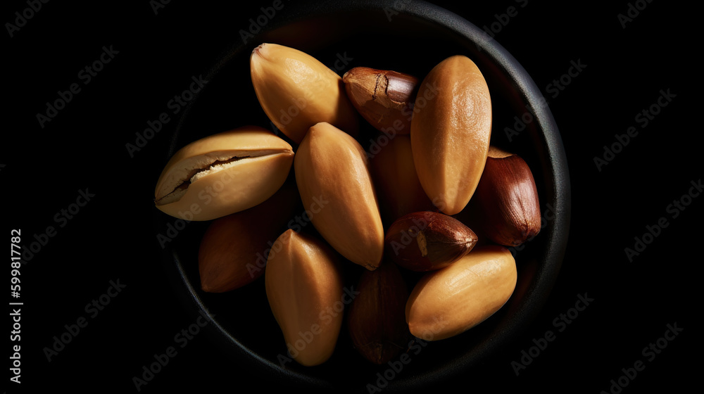 Many delicious Brazil nuts in a bowl on dark background, top view. Generative AI