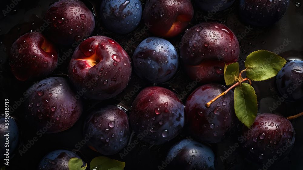 Fresh ripe plums with water drops background. Fruits backdrop. Generative AI