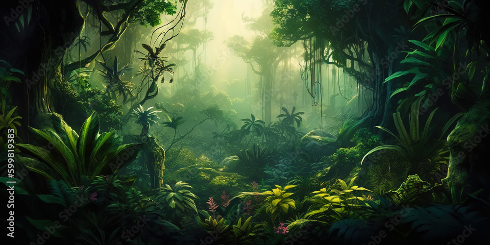 Deep tropical jungles. Dense forest landscape. Generative AI