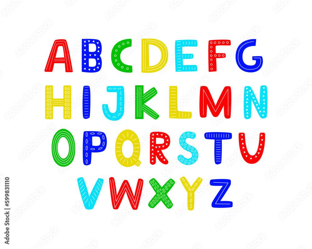 Hand drawn alphabet. Kids type font. Festive uppercase English letters. Fantasy and colorful text sy