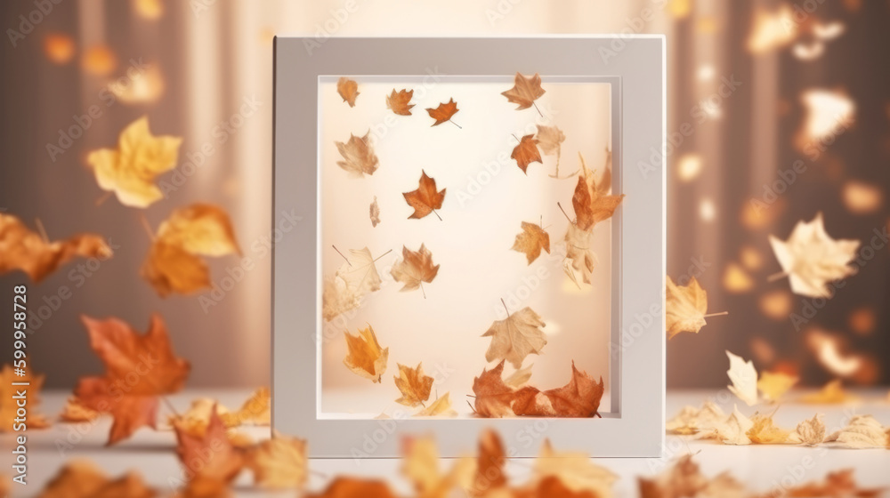 White frame with autumn leaves. Illustration AI Generative.