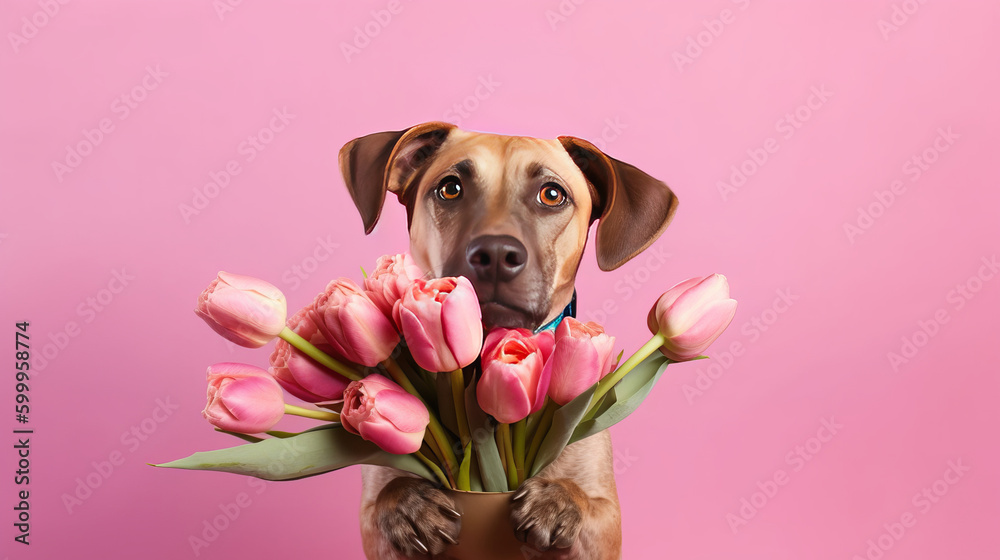 Cute funny dog with flowers. Illustration AI Generative.