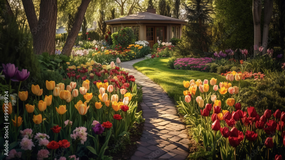 Colorful spring garden. Illustration AI Generative.