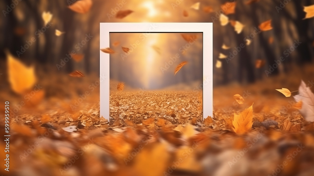 White frame with autumn leaves. Illustration AI Generative.