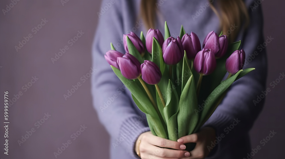 Violet tulip flowers bouquet on hands. Illustration AI Generative.