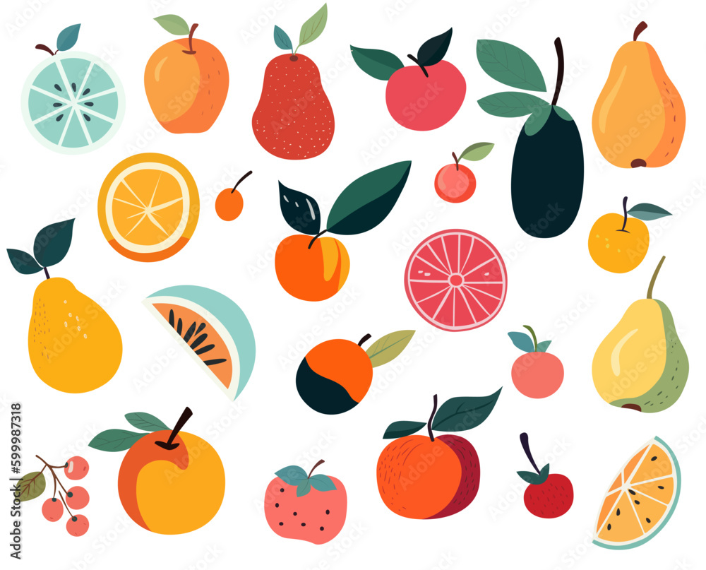 Simple doodle fruits set. Vector Illustration