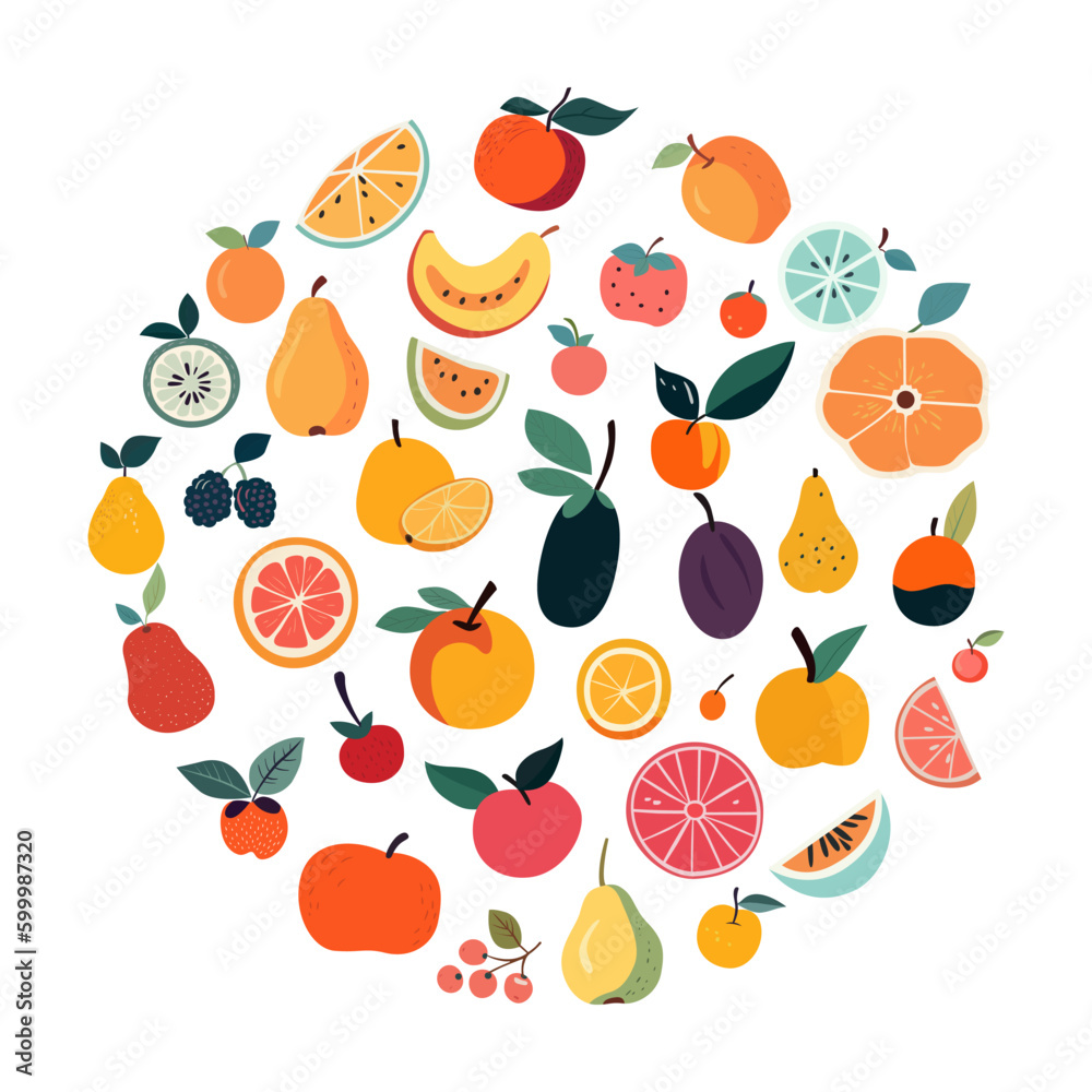 Simple doodle fruits set. Vector Illustration