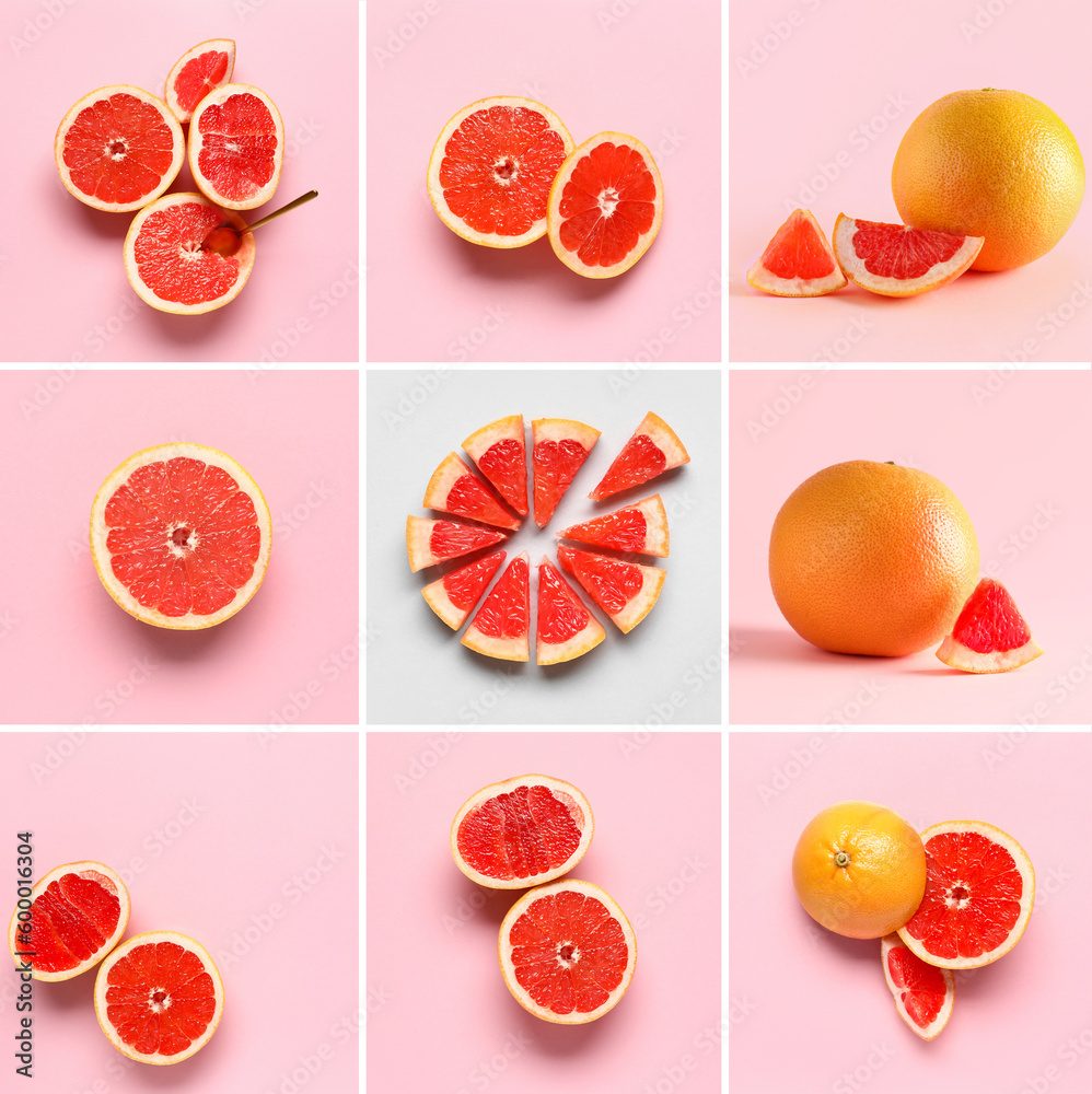 Collage with fresh grapefruits on pink background