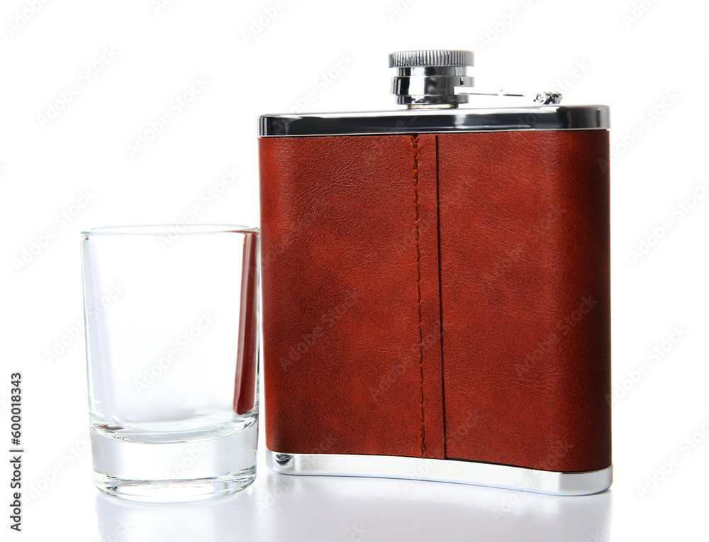 New hip flask and glass isolated on white background