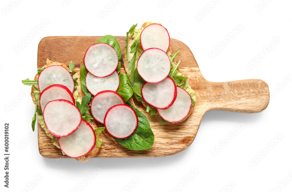 Board with delicious radish bruschettas isolated on white background