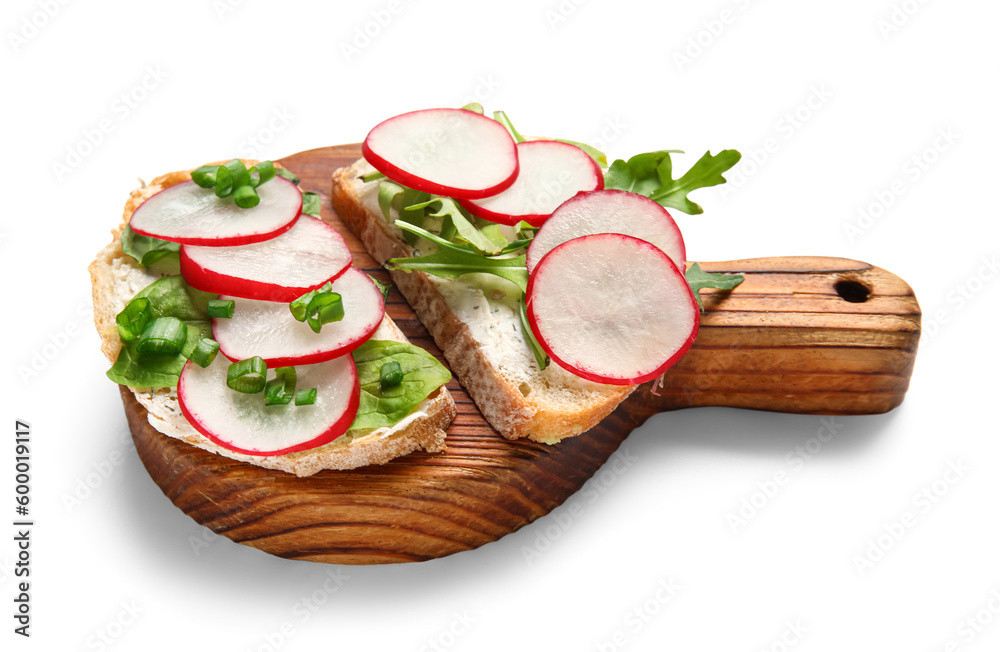 Board with delicious radish bruschettas isolated on white background