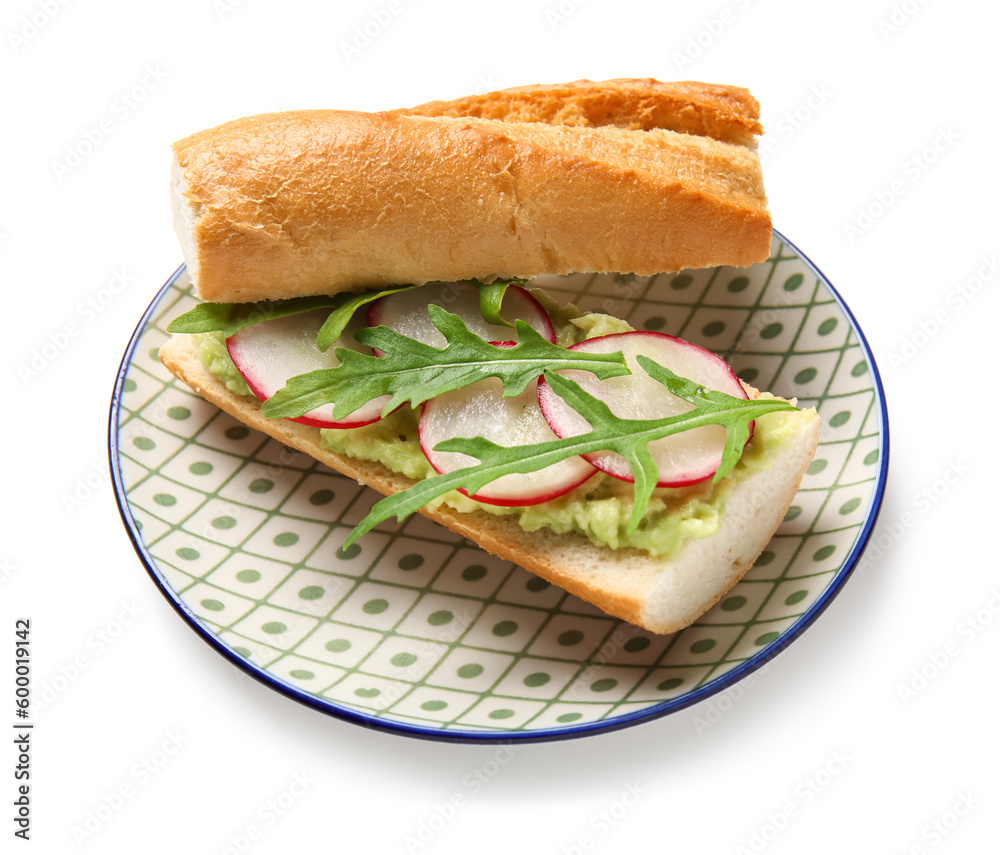 Plate with delicious radish bruschetta isolated on white background