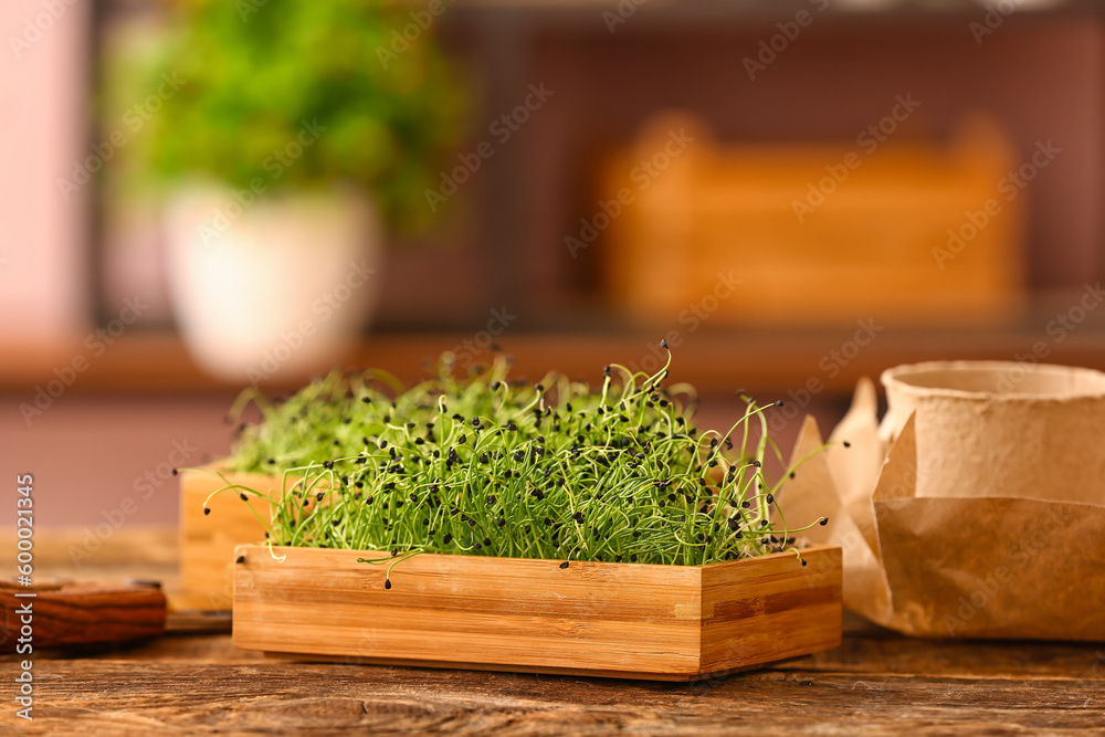 Wooden box with fresh micro green on table