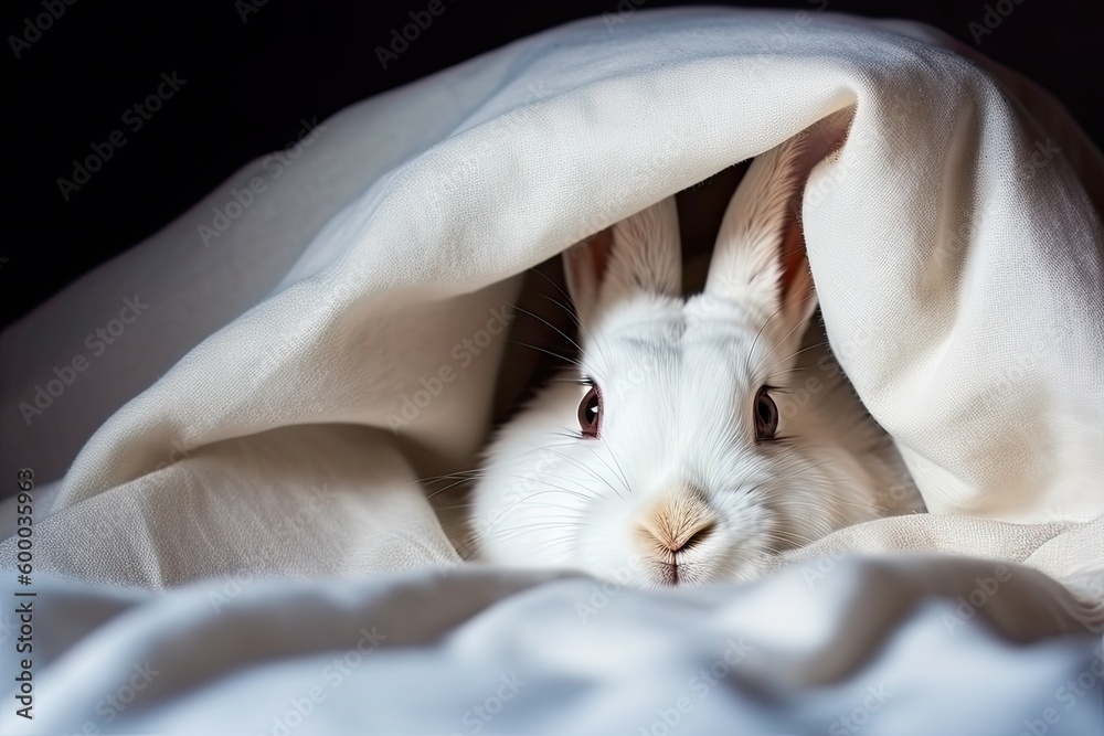 curious white rabbit hiding under a cozy blanket Generative AI