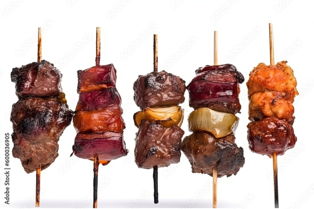 skewers of grilled meat and vegetables on wooden sticks Generative AI