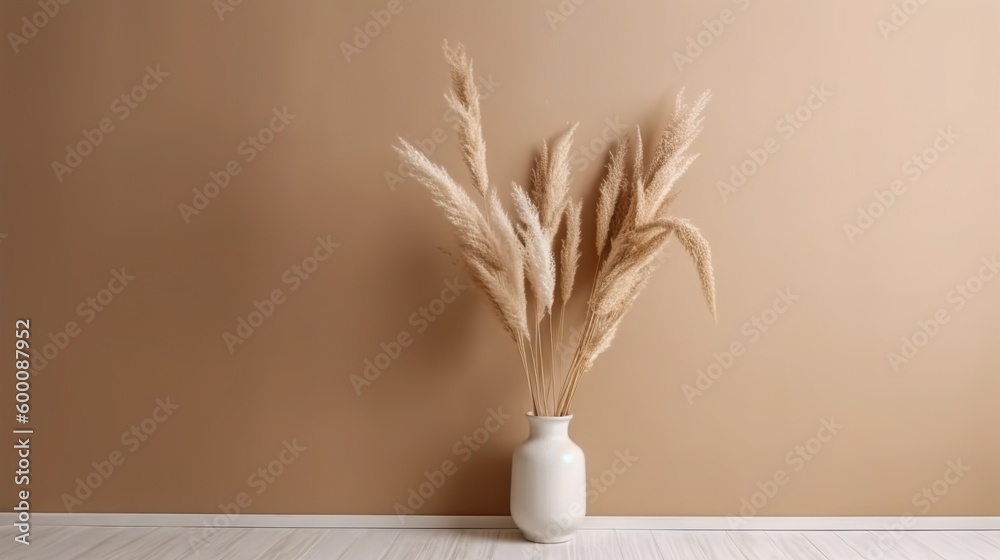 Vase with decorative dry plant branch against beige wall background. Minimalist interior mockup. Gen