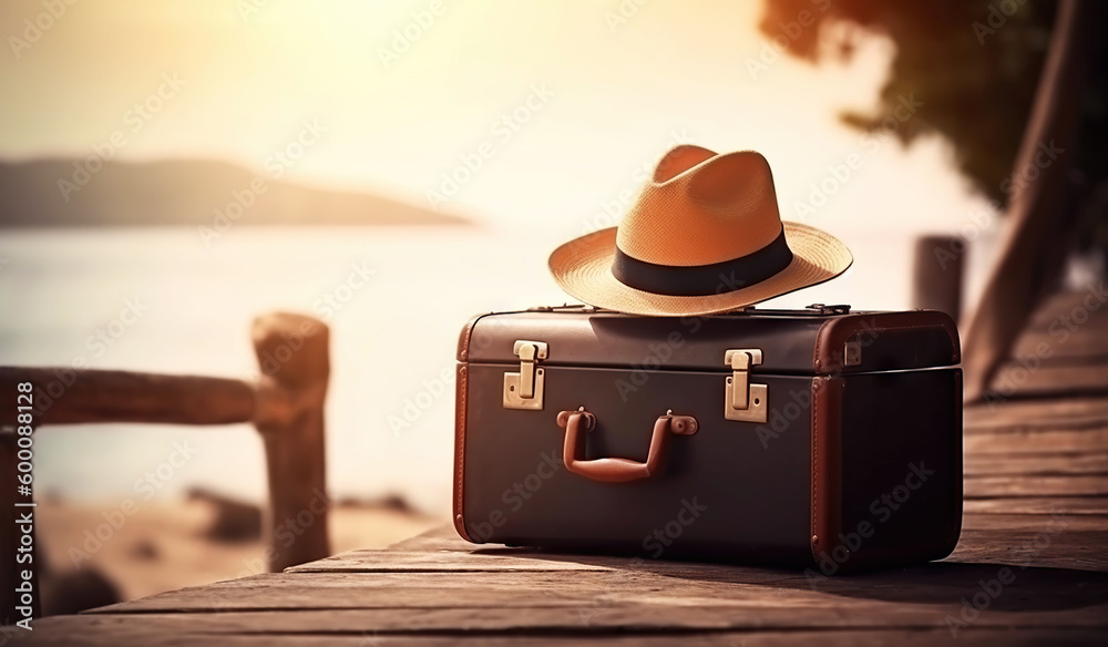 Suitcase, hat and accessories on the wooden floor with a sea background. Travel concept. Generative 