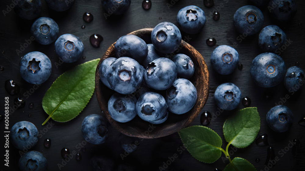 Fresh ripe blueberries with water drops background. Berries backdrop. Generative AI