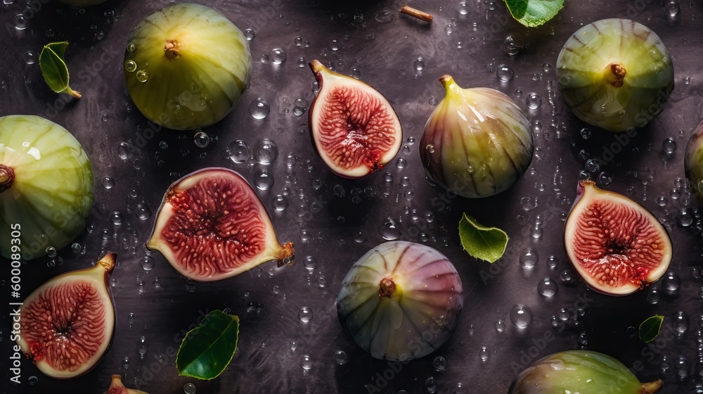 Fresh ripe figs with water drops background. Fruits backdrop. Generative AI