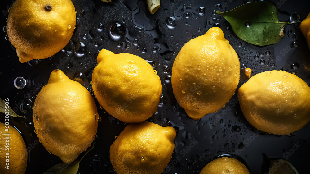 Fresh ripe lemons with water drops background. Fruits backdrop. Generative AI