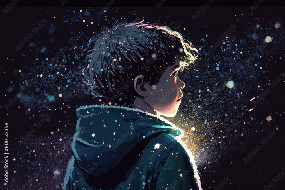 illustration of a boy looking at night starry sky with glitter glow galaxy flicker above